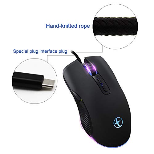 FIRSTMEMORY USB C Ergonomic Wired RGB Gaming Mouse - Optical with Adjustable DPI 800/1600/2400/3200 - Compatible with Notebook, PC, Laptop, MacBook and All Type-C Devices (Black)