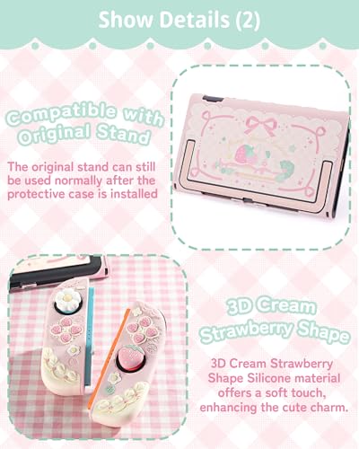 GeekShare Strawberries with Cream Case Compatible with Switch 2, Slim Separable Soft Silicone Protective Shell with 2 Thumb Grip Caps -- Pink - color: Pink Strawberries, size: For Switch 2