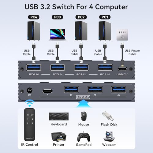 USB 3.2 Switch Selector 4 Computers Share 1 USBC & 3 USBA Devices 10Gbps 4 Port USB Switcher Sharing Keyboard Mouse Printer Scanner with Cable and Remote Control and a dapter - color: Silver Grey