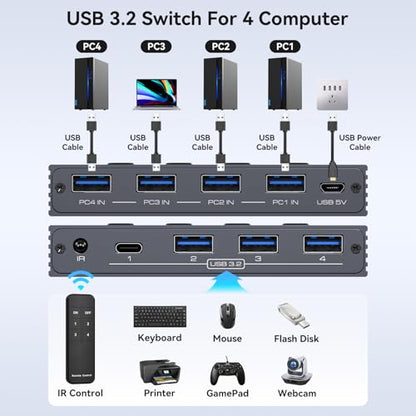 USB 3.2 Switch Selector 4 Computers Share 1 USBC & 3 USBA Devices 10Gbps 4 Port USB Switcher Sharing Keyboard Mouse Printer Scanner with Cable and Remote Control and a dapter - color: Silver Grey