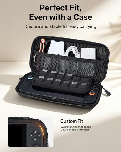 JEMDO Portable Slim Carrying Case for Switch 2, Hard Shell Travel Case | Shockproof EVA Shell with Soft Interior, 12 Game Slots, Dual Zippers, Adjustable Strap, 6 Thumb Grips - color: Black