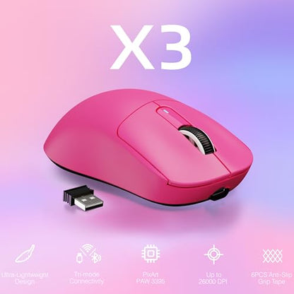 ATTACK SHARK X3 Wireless Gaming Mouse, 49g Ergonomic Computer Mouse, Triple Modes PAW3395 26K DPI Optical Sensor, 200h Battery Life, Programmable Buttons, Gaming Accessories for PC/Laptop/Mac (Berry) - color: Berry