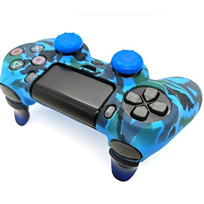 Silicone Skin Cover for Ps4 Controller (1pc Anti-Slip Case, 1 Pair L2 R2 Trigger Extender, 4pcs Thumb Grips,4pcs LED Light Bar Decal) Protector for DualShock PS4/ Slim/Pro Controller (Blue camouflage) - color: Blue camouflage