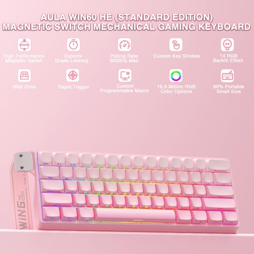 Aula WIN60 HE - 60% Mechanical Gaming Keyboard Wired, Hall Effect Magnetic Switch Hot Swappable,8000 Hz Polling Rate, RGB Keyboard 60 Percent Compact Design for PC (Gradient Pink) - color: Gradient Pink