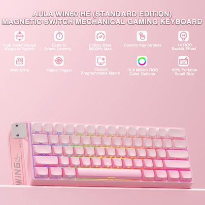 Aula WIN60 HE - 60% Mechanical Gaming Keyboard Wired, Hall Effect Magnetic Switch Hot Swappable,8000 Hz Polling Rate, RGB Keyboard 60 Percent Compact Design for PC (Gradient Pink) - color: Gradient Pink