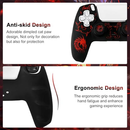 PS5 Controller Silicone Cover with Laser-Engraved Dragon Design - Non-Slip Grip Skin + 2 Dragon Thumbstick Caps | Stylish Protective Case for PlayStation 5 Controller - color: Lightning Dragon Red