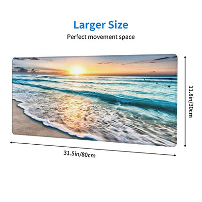 Sunrise Beach Wave Gaming Mouse Pad Large Desk Mat, 31.5x11.8in, XL | Extended Big Mousepad, Waterproof Smooth Surface, Non-Slip Rubber Base, Stitched Edges, For Keyboard Mouse, For Home Office - color: Sunrise Beach Wave