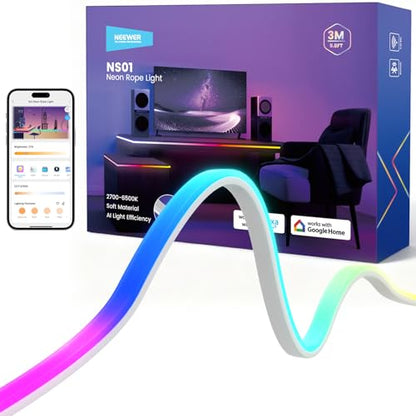 NEEWER NS01/9.84피트/3m LED 스트립 조명 전면 조명, 스마트 AI RGB IC 절단 가능한 네온 로프 조명, 앱 제어 색상 변경, 침실 게임 룸 홈 실내 벽 장식, 구글 및 알렉사와 호환 - size: 9.84ft/3m