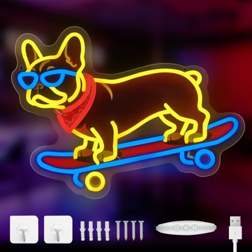 French Bulldog Skateboarding Neon Sign, Skateboard Dog Frenchie Wearing Glasses Neon Signs | Dimmable LED Bulldog Wall Art Decor | Frenchie Dog Lover Gifts - color: French Bulldog