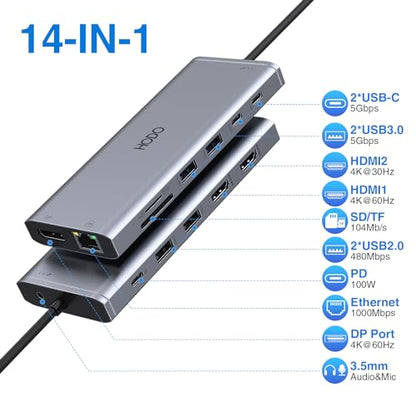 USB C Docking Station Dual Monitor for HP,Laptop Docking Station 3 Monitors | USB C Hub Dock Triple Display to 2 HDMI 4K,DP,Ethernet,6 USB,PD,SD/TF,USB C Adapter 14 in 1 Computer Docking Station for Dell