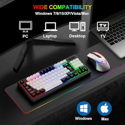 BlueFinger Wireless Gaming Keyboard and Mouse Combo, RGB Rainbow Backlit Rechargeable Battery, 87 Keys TKL Light Up Keyboard with Ergonomic Gaming Mouse for Mac Laptop Computer PC Gamer(Black & White) - color: Black & White