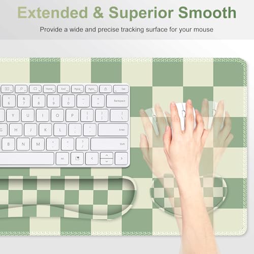 Large Gaming Mouse Pad Set, 4 in1 Ergonomics Keyboard Desk Mat with Memory Foam Wrist Rest, Extended Game Mousepad, Non-Slip Desk Pad Matt Easy Typing Pain Relief I Green Checkered - color: Green Checkered
