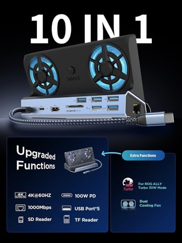 10-in-1 Docking Station for Steam Deck OLED & ROG Ally X & Legion Go & Switch 2, Dual Cooling Fan 5 USB Ports, 4K@60Hz HDMI 2.0, 100W Charging Port Support ROG Ally 30W Mode, Gigabit Ethernet, SD/TF