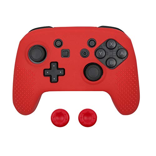 3 in 1 Soft Silicone Protective Skin Case Cover for NS Switch pro Controller Rubber Protective Skin with 2 Thumb Caps (Red) - color: Red