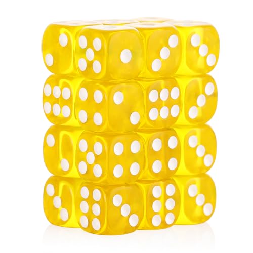 24 of Pack 16MM 6 Sided Dice Set,Translucent Colors D6 Game Dice Set, 6 Sided Standard Dices for Yahtzee, Bunco or Teaching Math,with Portable Dice Pouch(Yellow) - color: 16mm Transparent Yellow