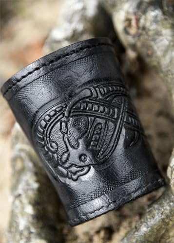 Ulfberth - Viking dice Cup with Embossed Motif - Genuine Leather - Medieval Leather Cup with Engraving (Jelling Style, Black) - color: Jelling, Black