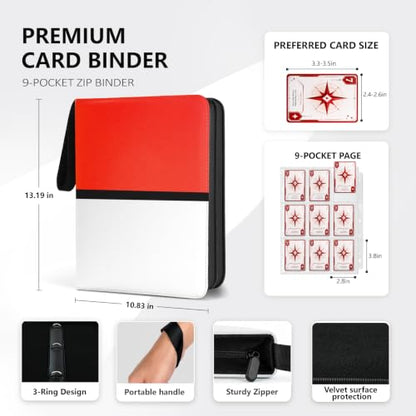 9 Pocket Zip Card Binder, Trading Card Album Holds 1080 Cards, Red White | Logo-free design,top-loading pages,removable double-sided pockets,waterproof cover,soft lnner lining. - color: Red White, size: 9 Pocket 1080