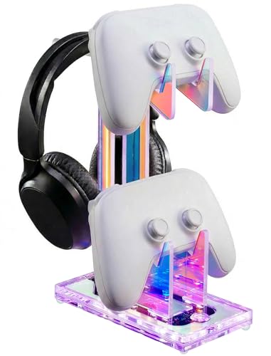 NiHome Controller Holder & Headphone Stand, LED Acrylic 2-Tier Gaming Desk | USB-Powered 7 Colors 3 Modes, Anti-Slip Headset Cable Management, Gamer Gift For PS5 Xbox - size: 2-Tier