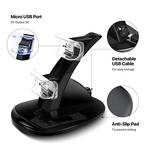 TNP PS4 Controller Charger Dock for 2 DualShock 4 Controllers, Black | Dual PS4 charging station charges 1 controller in about 2 hours or 2 in about 4 hours, with LED status indicators.