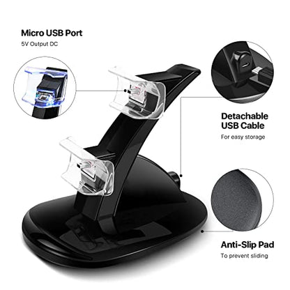 TNP PS4 Controller Charger Dock for 2 DualShock 4 Controllers, Black | Dual PS4 charging station charges 1 controller in about 2 hours or 2 in about 4 hours, with LED status indicators.