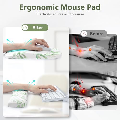 EYROZILL 3 in 1 Ergonomic Mouse Pad and Keyboard Wrist Rest, Cute Mouse Pad with Wrist Support Massage Design, Non-Slip Wrist Pad for Mouse, Desk Mouse Set (Green Plant) - color: Green Plant