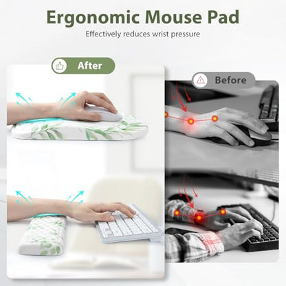 EYROZILL 3 in 1 Ergonomic Mouse Pad and Keyboard Wrist Rest, Cute Mouse Pad with Wrist Support Massage Design, Non-Slip Wrist Pad for Mouse, Desk Mouse Set (Green Plant) - color: Green Plant