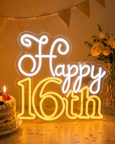 Happy 16th Birthday Neon Sign LED Light, Sweet 16 Birthday Decorations for Girls & Boys, USB Powered Neon Wall Sign, Acrylic LED Party Decor for Room, Cake Table, Photo Backdrop - color: Happy 16th