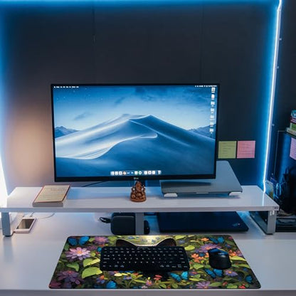 Desk Pad, Cute Black Cat Desk Mat, Cat Among Butterfly Flowers Large Gaming Mouse Pad for Desk, 31.5"x15.7" Extended Big Computer Keyboard Mouse Pad with Non-Slip Base and Stitched Edge - color: Cute Black Cat