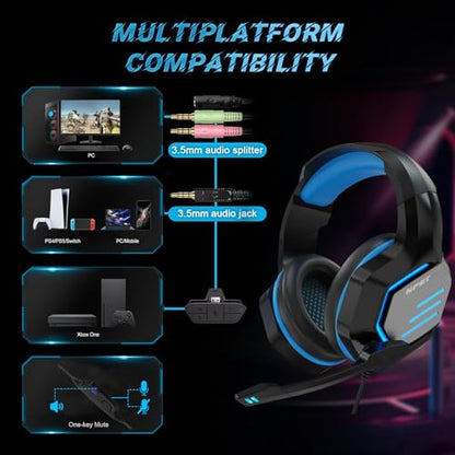 NPET H022 Blue Gaming Headset - Noise Cancelling Over-Ear Headphones with Mic, LED Lights, Bass Surround Sound for PS5, PS4, Xbox One, PC & Controller