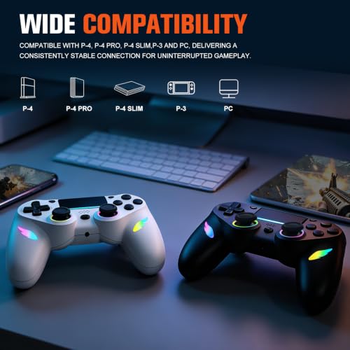 CozyNius 2 Pack Light-up Wireless Controller for Ps4/Slim/Pro/PC,Remote Control with Programmable and Turbo,RGB Light,Hall Effect Joystick,Vibration,6-Axis Gyro,1000mAh Battery,USB-C Port- Black+White