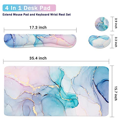 4-in-1 Large Gaming Mouse Pad, Keyboard Wrist Rest Pad & Wrist Support Mousepad Set, Extended Desk Pad Waterproof Desk Mat for Home Office Study Game - Blue - color: Blue Marble