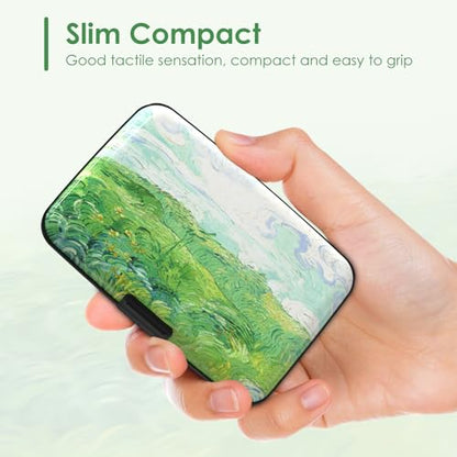 Mini RFID Credit Card Holder for Women Men, Slim Business Metal Hard Card Case, Cute Aluminum Travel Card Wallet ID Case, Green Wheat Field - color: Green Wheat Field