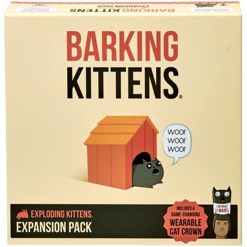 Barking Kittens Expansion Set - A Russian Roulette Card Game for Adults, Teens & Kids, Easy Family-Friendly Party Games - 20 Card Add-on | Add wild twists to Exploding Kittens with 20 new cards and a wearable Cat Crown. Quick-to-learn game night expansion