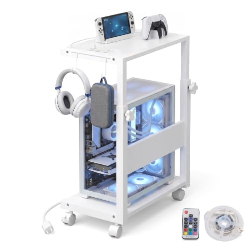 Height Adjustable PC Tower Stand with Charging Station | Computer Tower Stand with LED Light Strip,Mobile Rolling CPU Holder for Office Home - color: White, size: 19.29'' × 11.42'
