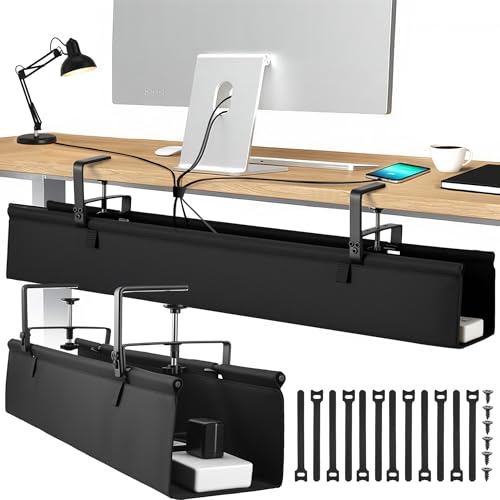 Desk Cable Management Tray, Fabric Cable Organizer, No Drill Large Clamp/Screw Mount Wire Organizer-Support Up to 30lbs, Standing Desk Cable Management for Office Home (Black,28 Inch)