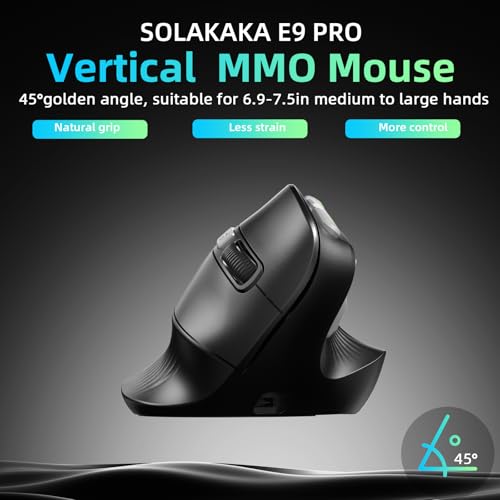 SOLAKAKA E9 PRO Vertical MMO Gaming Mouse with 8K Dongle- 36000 DPI PAW3395 Sensor,8,000Hz Polling Rate,Tri-Mode Ergonomic Wireless Mouse with 10 Side Buttons,RGB Mouse for PC/Mac - Black - color: Black-Gray