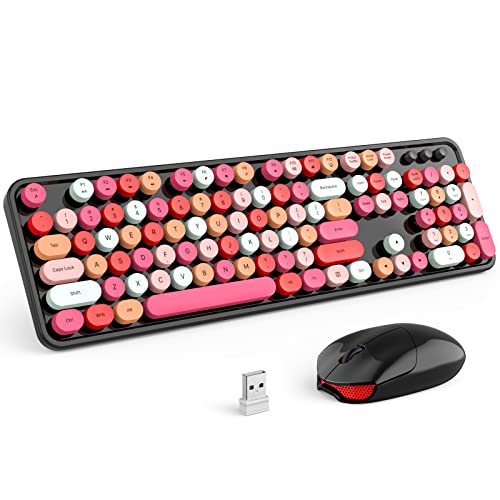 KNOWSQT Wireless Keyboard and Mouse Combo, Black Colorful Retro 2.4GHz Typewriter Keyboard with Cute Round Keycaps, DPI Adjustable Optical Wireless Mouse Compatible with PC Laptop - color: F_black colorful