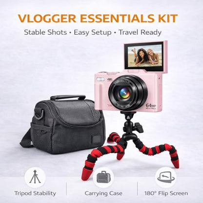 Acuvar 4K 48MP Digital Camera Kit for Photography, Vlogging Camera for YouTube with Flip Screen, WiFi, Wide Angle & Macro Lens, 64GB Micro SD Card, 12" Flexible Tripod, Carrying Case - style: Vlogger Essentials Kit