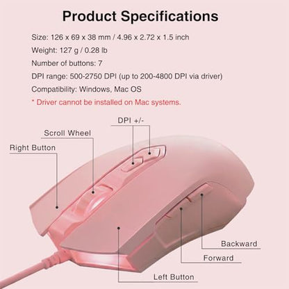 Lomiluskr AJ52 RGB Wired Gaming Mouse, 7 Programmable Buttons, Computer Mice with RGB Lighting, 200-4800 DPI Adjustable, for PC/Laptop (Pink) - color: Pink