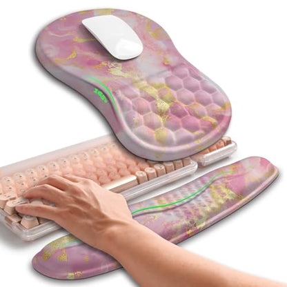 Hokafenle 2in1 Combination, Wave Keyboard Wrist Rest and Ergonomic Curvature Mouse Pad Wrist Support for Relieve Wrist Pain, Filled with Soft Cushion Memory Foam, Golden Pink Marble - color: Golden Pink Marble
