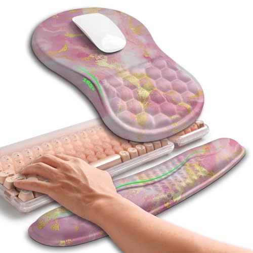 Hokafenle 2in1 Combination, Wave Keyboard Wrist Rest and Ergonomic Curvature Mouse Pad Wrist Support for Relieve Wrist Pain, Filled with Soft Cushion Memory Foam, Golden Pink Marble - color: Golden Pink Marble
