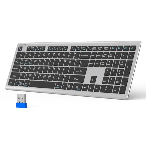 TECKNET Bluetooth Keyboard Rechargeable, 4-Device Free Switching (2.4G+BT), Ultra-Slim Full Size Wireless Keyboard, Quiet Typing, for PC/Laptop/Smart TV/Phone, Adjustable Stand, 12 Multimedia Keys - color: Silver&Grey