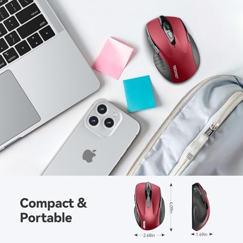TECKNET Wireless Mouse, 2.4G Ergonomic Computer Mouse, 2600 DPI, Red | Ergonomic Design with Side Grips, Adjustable DPI, 2-Year Battery, Compact Size, USB-A Plug & Play, Wide OS Compatibility - color: Red