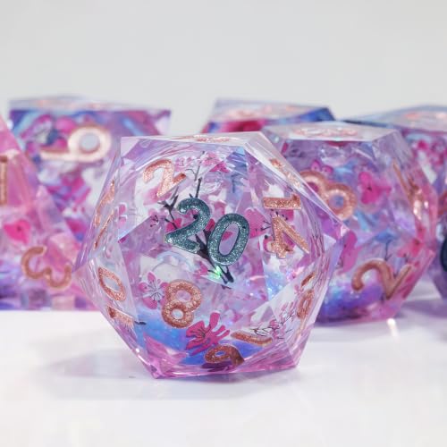 DND Dice Set, Handmade Resin Polyhedral Dice, Cherry Blossom Design, Sharp Edges, 7 Piece Set for TRPG RPG - color: Sakura Shimmer