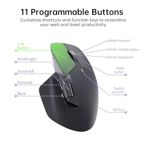 Rapoo MT760 Multi-Device Wireless Mouse, Bluetooth 5.0 and 2.4G Multi-Mode Connection, Up to 4 Devices, 11 Programmable Buttons, 4K DPI, 90 Days Battery Life, PC, Matte Black - color: Matte Black, size: Standard