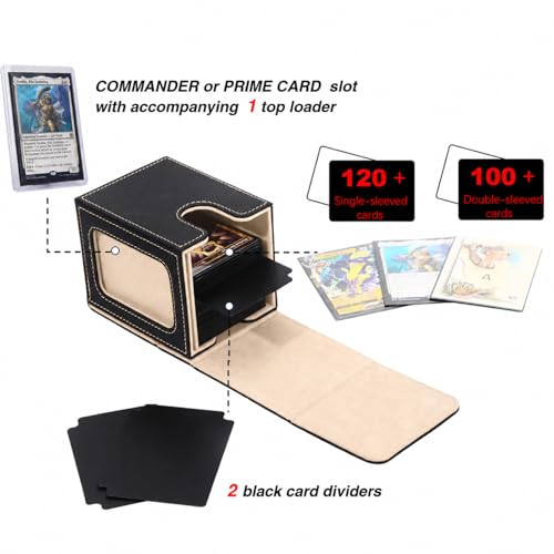 MTG Deck Box with Commander Display (Black&Pale Gold, 1 window) | Holds 120 Single/100 Double-Sleeved Cards, Fit MTG/PTCG/OPTCG Cards, Strong Magnet, PU Leather, With 2 Dividers & 1 Toploader - color: Black and Pale Gold