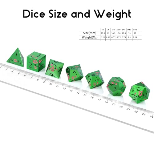 Matt Green Metal Dice Set, DNDND 7 PCS Heavy Metallic D&D Dice Set with Gorgeous Gift Case for Dungeons and Dragon Tabletop Game (Matte Green with Pink Flower) - color: Flower Green