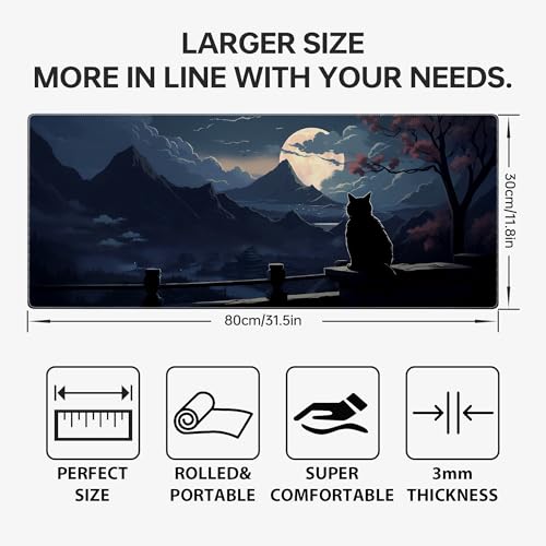 Moon Cat Large Gaming Mouse Pad,Black XL Mouse Pad Gaming 31.5 x 11.8 in Mouse Mat Desk Pad,Large Desk Mat,Extended Keyboard Pad Mousepad with Non-Slip Base and Stitched Edge for Office Home Gaming - color: Moon Cat