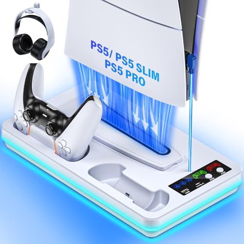 ZRZLMVP PS5 Slim/PS5 Stand and Cooling Station with Controller Charging Station for PlayStation 5 Slim&Standard Disc/Digital Consoles, PS 5 Cooler Accessories Incl Controller Charger, Cooling Fan