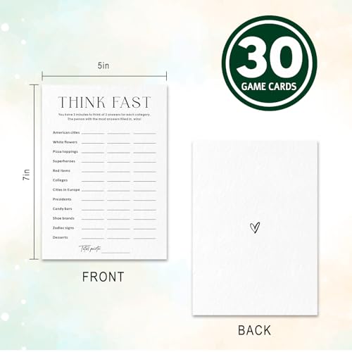 Party Games for Adults & Birthday Games for Bachelorette, Office – Think Fast - 30 Pcs Ice Breaking Cards, Add Laughter and Conversation to Any Celebration (5" x 7")- A04 - color: Think Fast